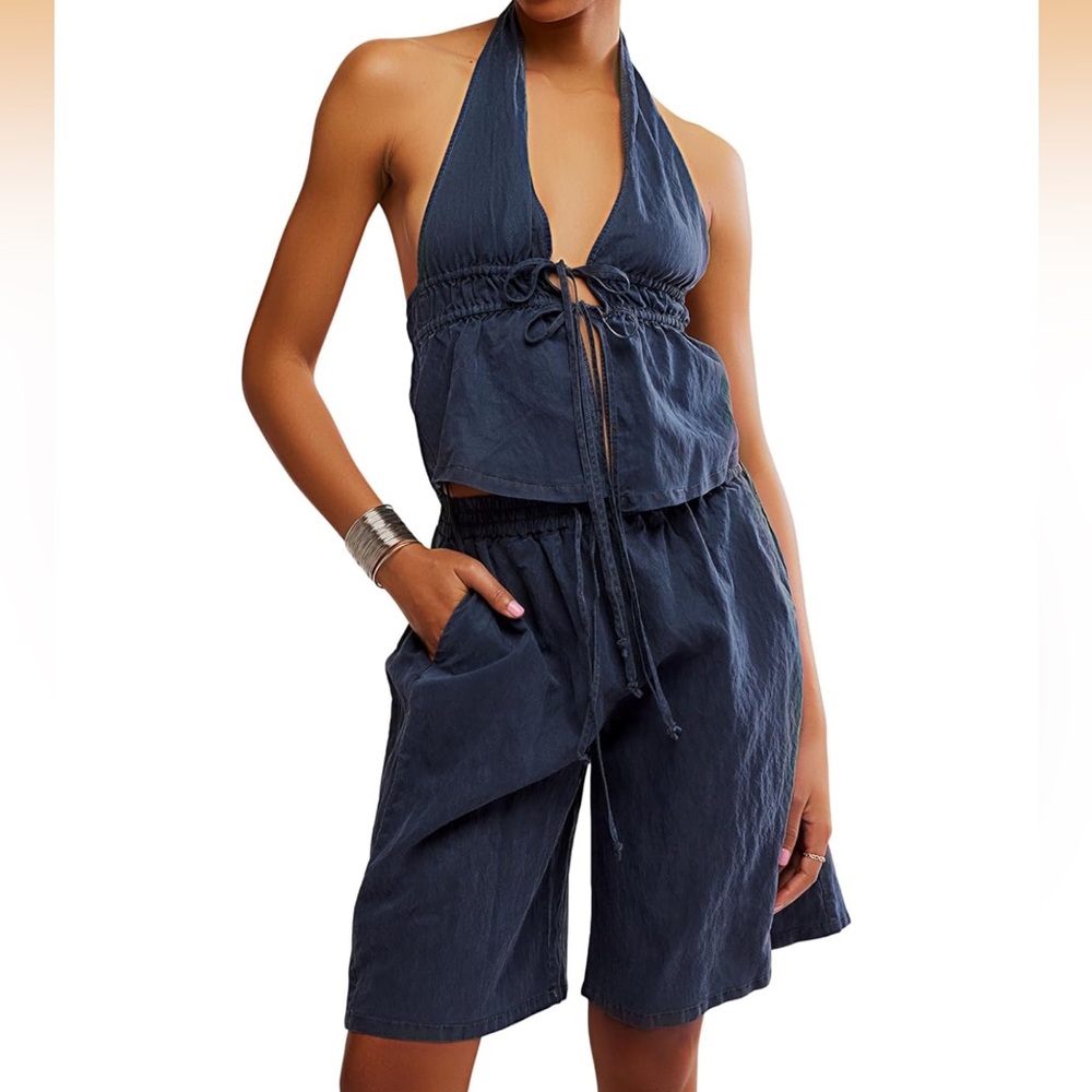 Free People Navy Halter Tie-Front Top and Shorts Set